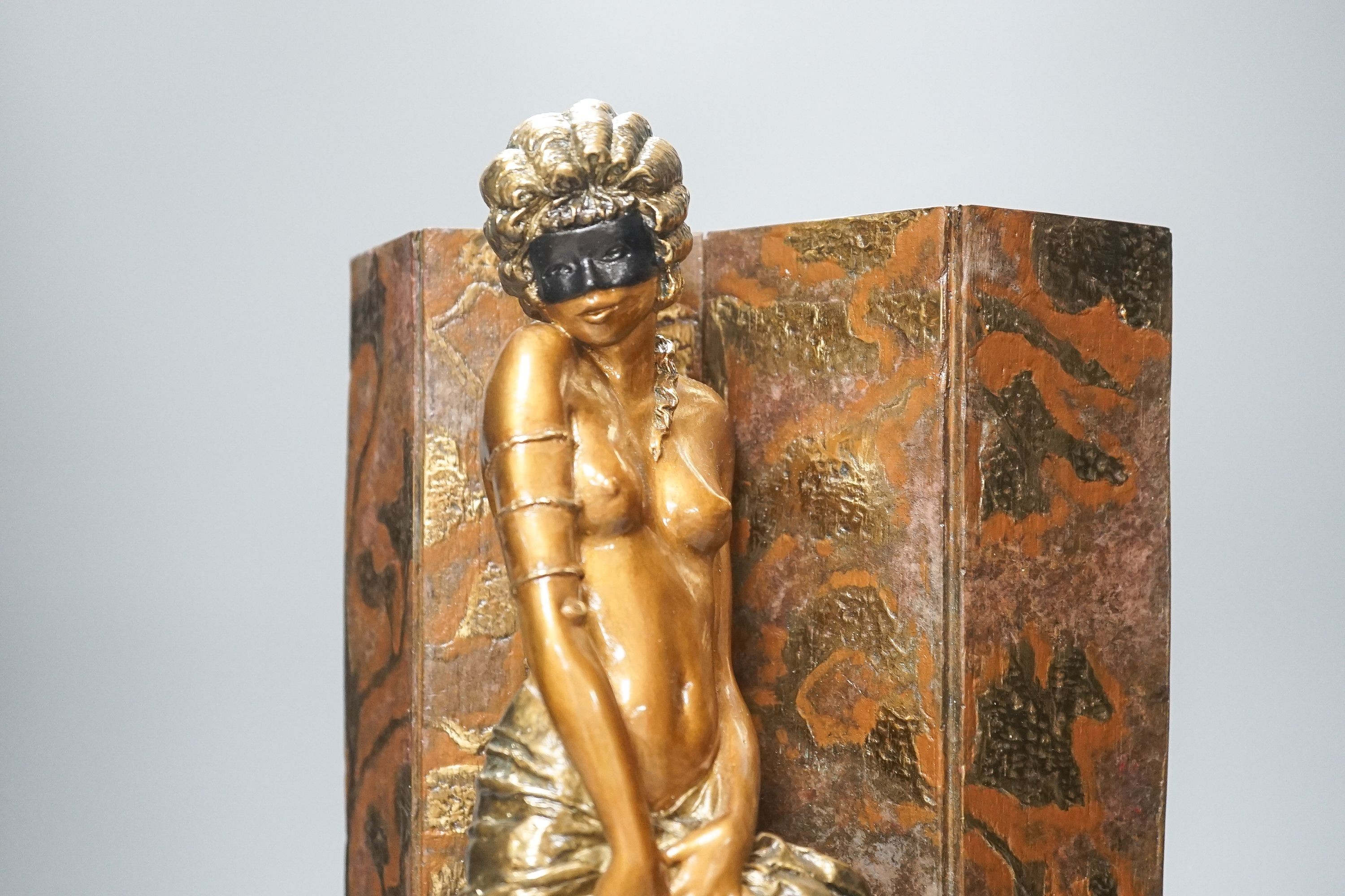 After Louis Icart a bronze sculpture, entitled “Masque Noir”, distributed by Rosenbaum Fine Art, 34 cms high.